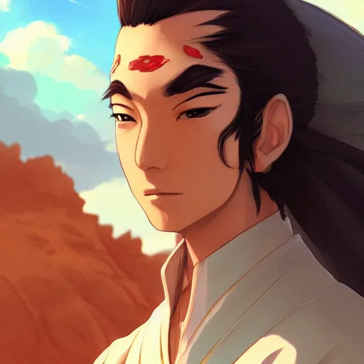 Prompt: Handsome haku from spirited away as a rich prince in the desert, 4k digital illustration by artgerm, wlop, Andrei Riabovitchev, Marc Simonetti, yoshitaka Amano, artstation, 8k resolution, soft focus