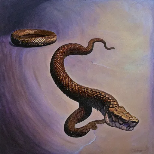 Image similar to a rattlesnake devours a world turned upside down, oil painting