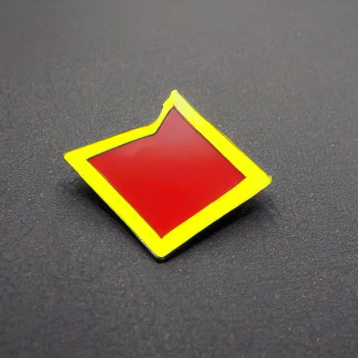 Prompt: a diamond enamel pin of a caution exclamation mark warning label, smooth curves