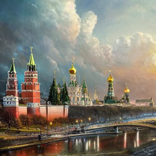 Prompt: Moscow Kremlin, extravagant matte painting, highly detailed oil painting, 8k, devastatingly beautiful atmosphere, elegant cinematic fantasy art, overwhelming depth and detail, magic, vibrant colors, intricate masterpiece
