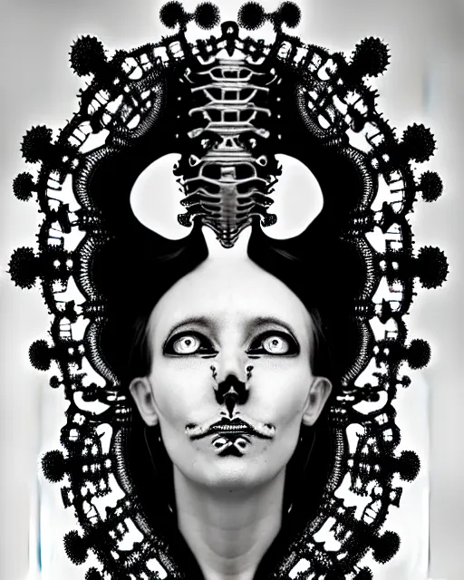 Prompt: surreal black and white photo portrait of complex biomechanical young female cyborg with a mandelbrot fractal metal lace face, silver hair, 150 mm lens, soft rim light, fine metal foliage super big lace collar, Alexander McQueen, high fashion, haute couture, rococo, steampunk, silver filigree details, anatomical, facial muscles, cable wires, microchip, elegant, hyper realistic, octane render, unreal engine, by Man Ray and Dora Maar, volumetric lighting, 8k,