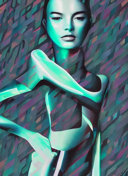 Image similar to futuristic lasers tracing, colorsmoke, fullbodysuit, pyramid hoodvisor, raindrops, wet, oiled, beautiful cyborg girl, by steven meisel, kaws, rolf armstrong, mondrian, hannah af klint perfect pattern geometry abstract acrylic, octane hyperrealism photorealistic airbrush collage painting, monochrome, fluorescent colors, minimalist rule of thirds, eighties eros