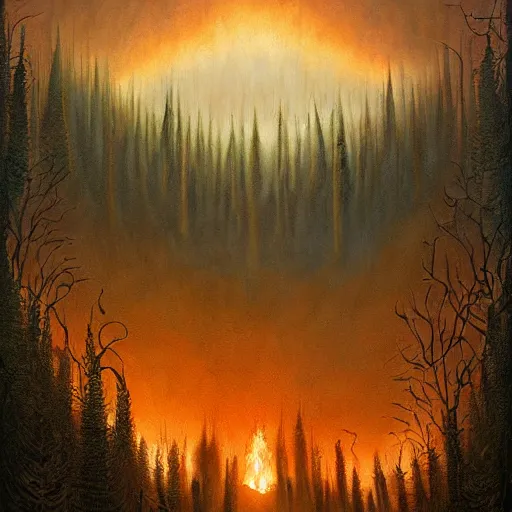 Image similar to a painting of a fire in a forest, a matte painting by Jeffrey Smith, deviantart, fantasy art, apocalypse landscape, apocalypse art, airbrush art