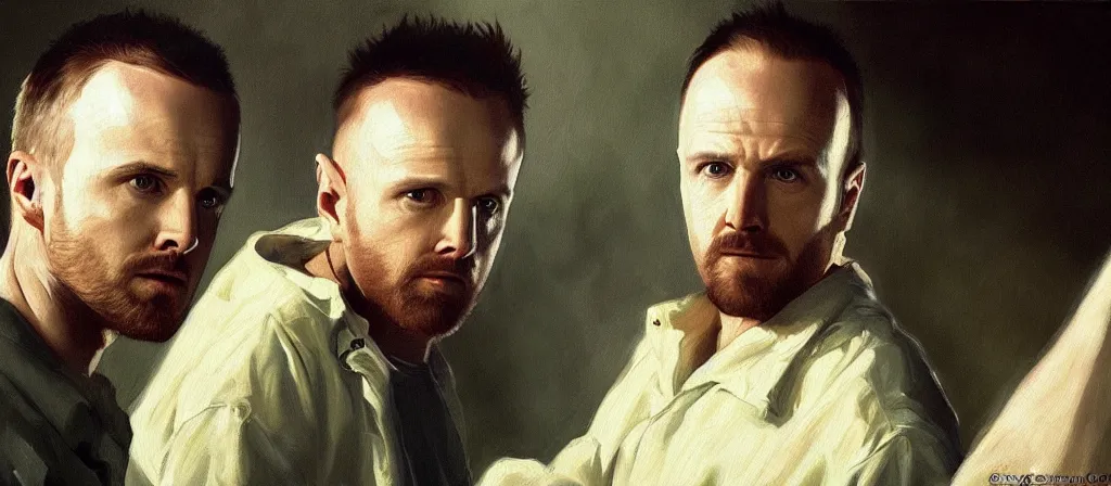 Image similar to an ultra detailed beautiful oil painting of jesse pinkman and heisenberg from breaking bad, cinematic composition, soft shading, by sargent, by giovanni strazza, by raffaelo monti