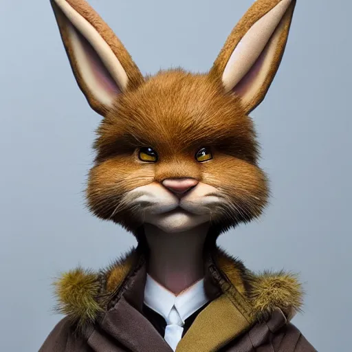 Image similar to 1. 5 metres tall anthropomorphic bunny, green eyes, light brown fur, light hair, wlop, artgerm, highly detailed, dramatic lighting