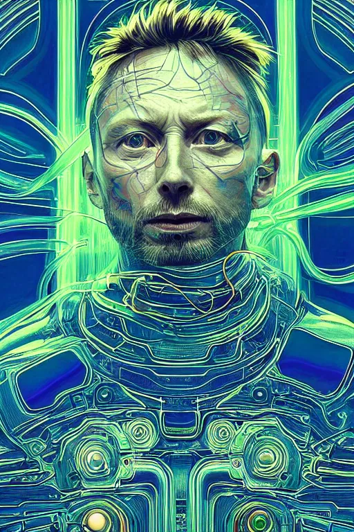 Image similar to A portrait of Thom Yorke as a cyberpunk android, iridescent highlights, surrounded by digital swirls, highly detailed, intricate, soft, sci-fi, sharp focus, subsurface scattering, art by Moebius, Alphonse Mucha