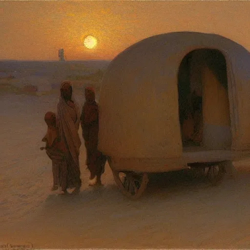 Prompt: timbuktu, by henry ossawa tanner, caravan, at sunrise