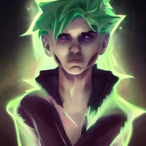 Prompt: Young Danny phantom, transluscent and ghostly, with glowing green eyes and sharp teeth fangs alt art fashion punk, art by WLOP and Charlie Bowater and WLOP and Mark Arian and Ross Tran + neon colors, symmetry,A digital matte intricate illustration concept art , intricate complexity, highly coherent, epic composition, magical atmosphere, highly super detailed, cinematic lighting + masterpiece, trending on artstation + 8k