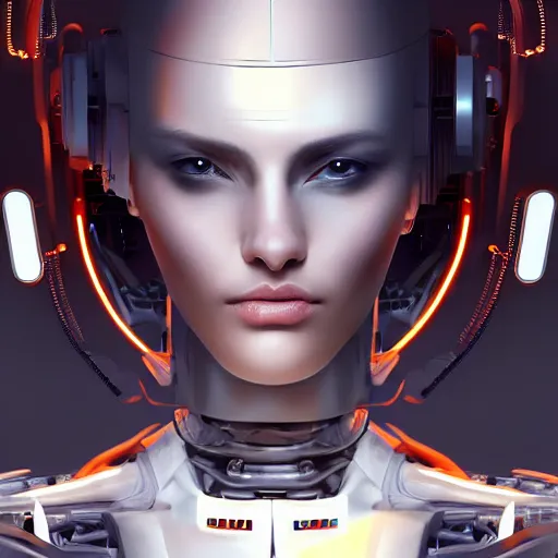 Prompt: Forward-facing Perfectly-Centered Half-body-Portrait of a Mechanical Cyberpunk Female Android standing straight, intricate, elegant, super highly detailed, professional digital painting, artstation, concept art, smooth, sharp focus, no blur, no dof, extreme illustration, Unreal Engine 5, Photorealism, HD quality, 8k resolution, cinema 4d, 3D, beautiful, cinematic, art by artgerm and greg rutkowski and alphonse mucha and loish and WLOP