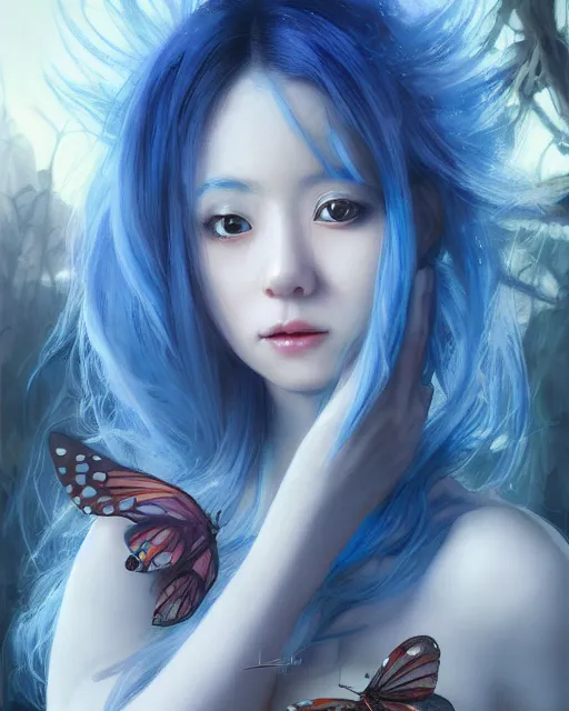 Image similar to stunningly beautiful female blue hair, cute korean actress, dj sura, fantasy art, fae priestess, lush dark forest landscape, fireflys at night, sharp focus, digital painting, 8 k, concept art, art by wlop, artgerm, greg rutkowski and alphonse mucha