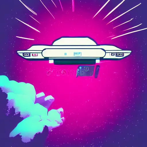 Prompt: flat synthwave illustration of a printer floating in space