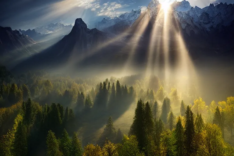 Image similar to landscape photography of romania by marc adamus, morning, mist, rays of light, beautiful