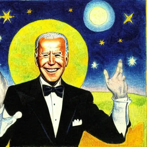 Image similar to joe biden as demiurge creating 1 9 5 0 s world, painting by william blake and jon mcnauhgton