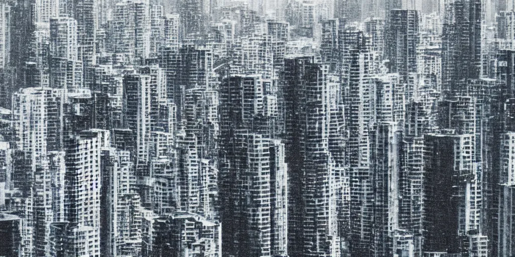 Prompt: Macro photograph of Orwellian Sky scrapers in Vancouver, dystopia, extreme detail, cubism art style, vibrant colors, realism, cinematic, misty, 35mm film grain