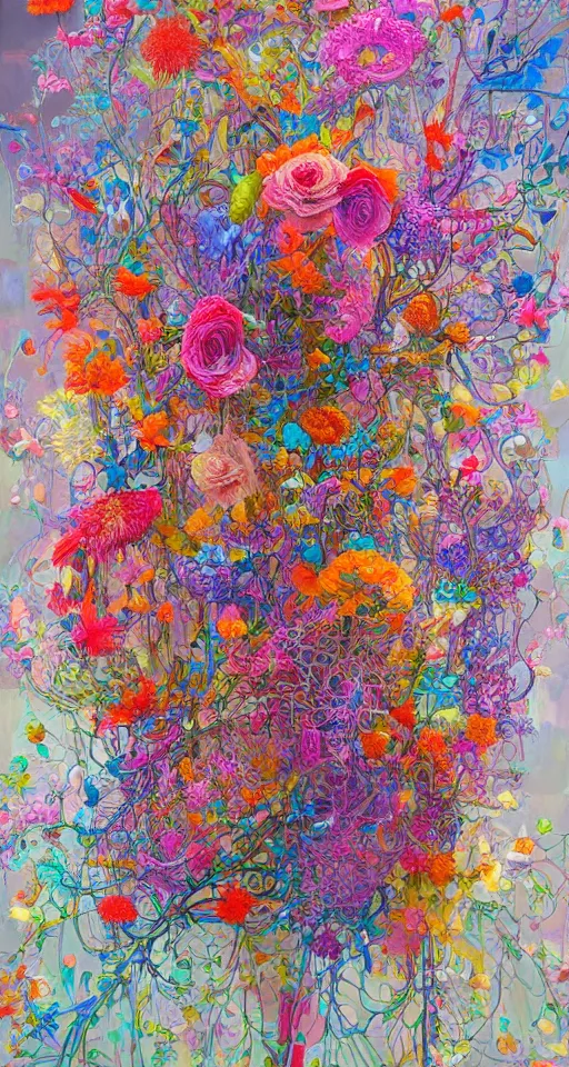 Image similar to a bouquet of ethereal big colorful transparent entangled flowers, direct sunlight, glowing, vivid, detailed painting, by James Jean, masterpiece, award winning painting