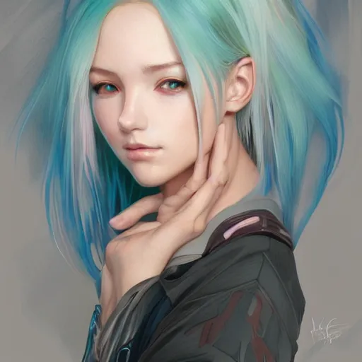 Image similar to portrait of beautiful symmetrical anime girl, rainbow hair, attractive, casual, modern, victoria's secret, highly detailed, digital painting, artstation, concept art, smooth, sharp focus, illustration, art by artgerm, greg rutkowski and alphonse mucha, 8 k,