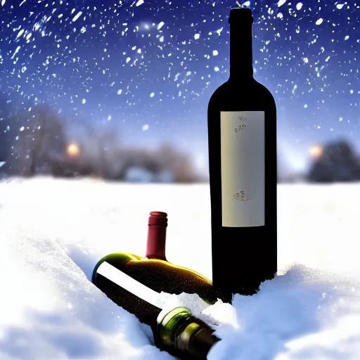 Image similar to wine bottle artistically buried in the snow, starry night sky