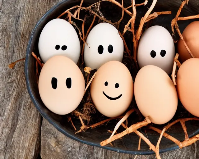 Image similar to eggs with happy faces on them. they have arms and legs made of twigs.