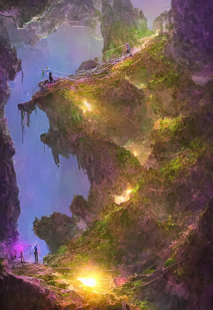 Prompt: android with back to the camera, crossing a rickety rope bridge at night looking up at a glowing mountain of crystal and gemstone, glass flowers, alien flora, digital art, artstation, dramatic lighting, forced perspective, vibrant and stylized