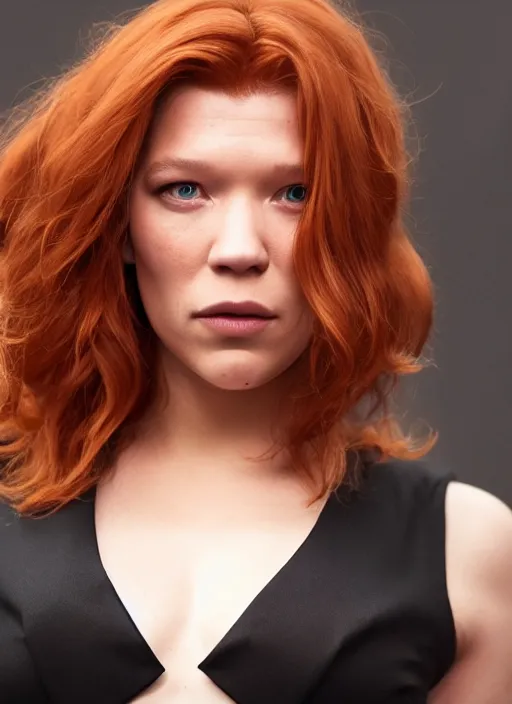 Image similar to lea seydoux portraying a beautiful mara jade from star wars legends, in a black suit, without lightsaber, movie, hyper realistic, hollywood promotional image, imax, 8 k