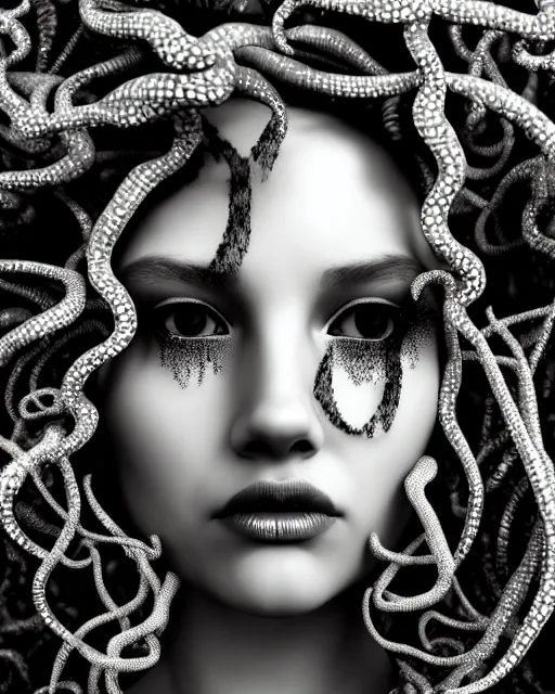 Image similar to surreal mythical dreamy artistic black and white fine art photo of a beautiful young female medusa - cyborg covered with fish scales and algae, highly detailed, intricate crystal ivy jelly fish scales ornate, poetic, octane render, 8 k, photo - realistic