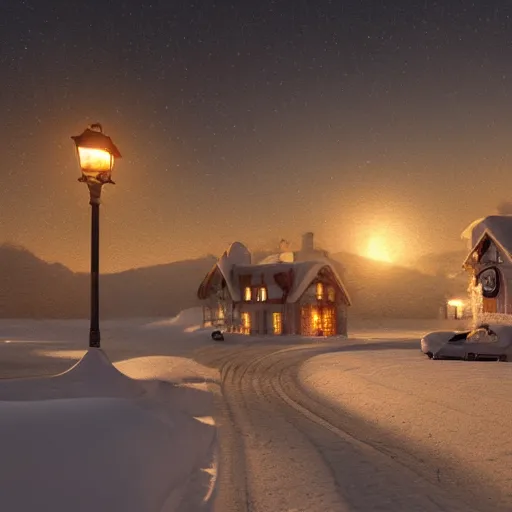 Image similar to a very realistic digital art rendering and concept design of a snowy village at dusk, with magnificent volumetric lighting, three dimensions, a digitally transformed environment, ui design, 3d modeling, illustration, and transport design