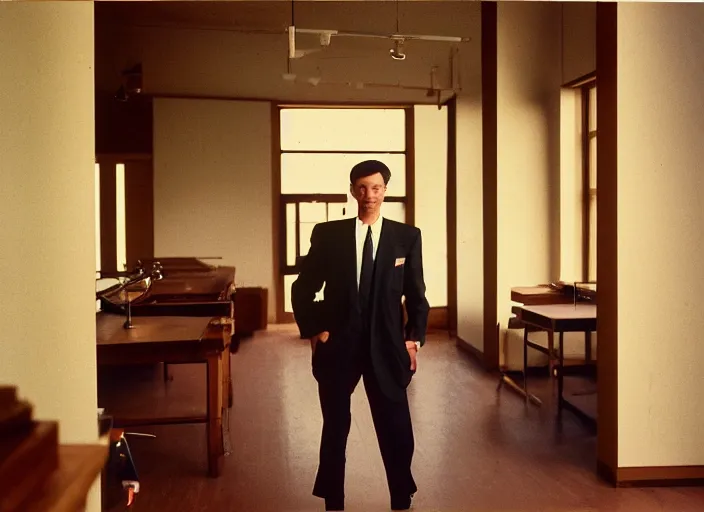 Prompt: realistic photo portrait of the person, brown mustard shirt, formal suit, black tie,, wooden polished and fancy expensive wooden laboratory hall interior 1 9 9 0, life magazine reportage photo