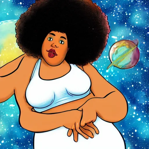 Prompt: mixed fat woman with an afro in space