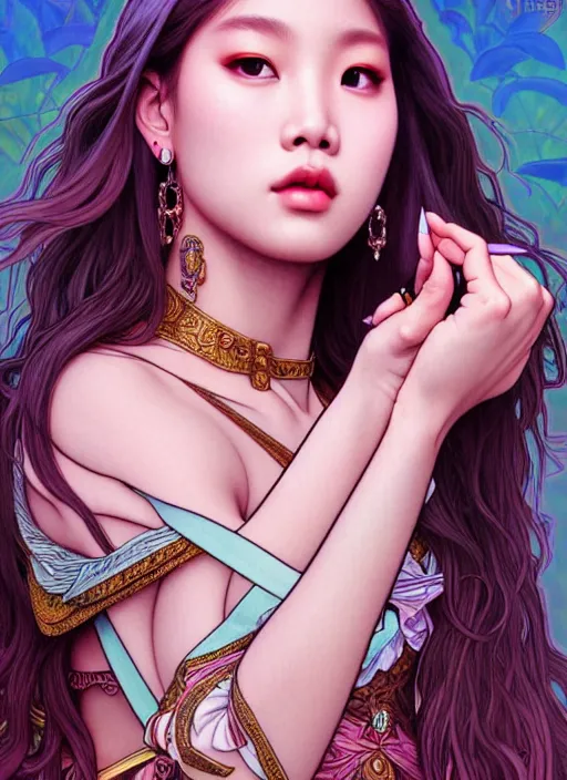 Image similar to jennie manoban of blackpink, tarot card, highly detailed, digital painting, smooth, sharp focus, illustration, ultra realistic, 8 k, art by artgerm and alphonse mucha