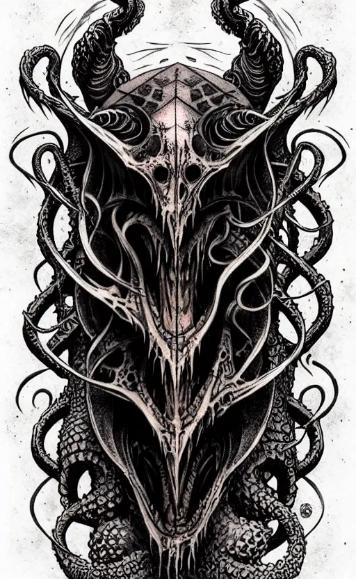 Image similar to tattoo flash art cthulhu by greg rutkowski, by giger, by maxim verehin