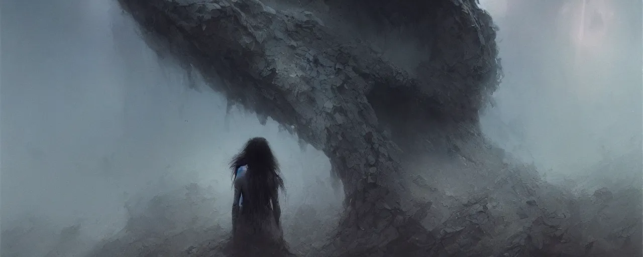 Prompt: she peers into the abyss and sees the abyss looking back at her, dramatic cinematic lighting, smooth, sharp details, intricate, sad and powerful painting by beksinski and ruan jia and greg rutkowski and android jones