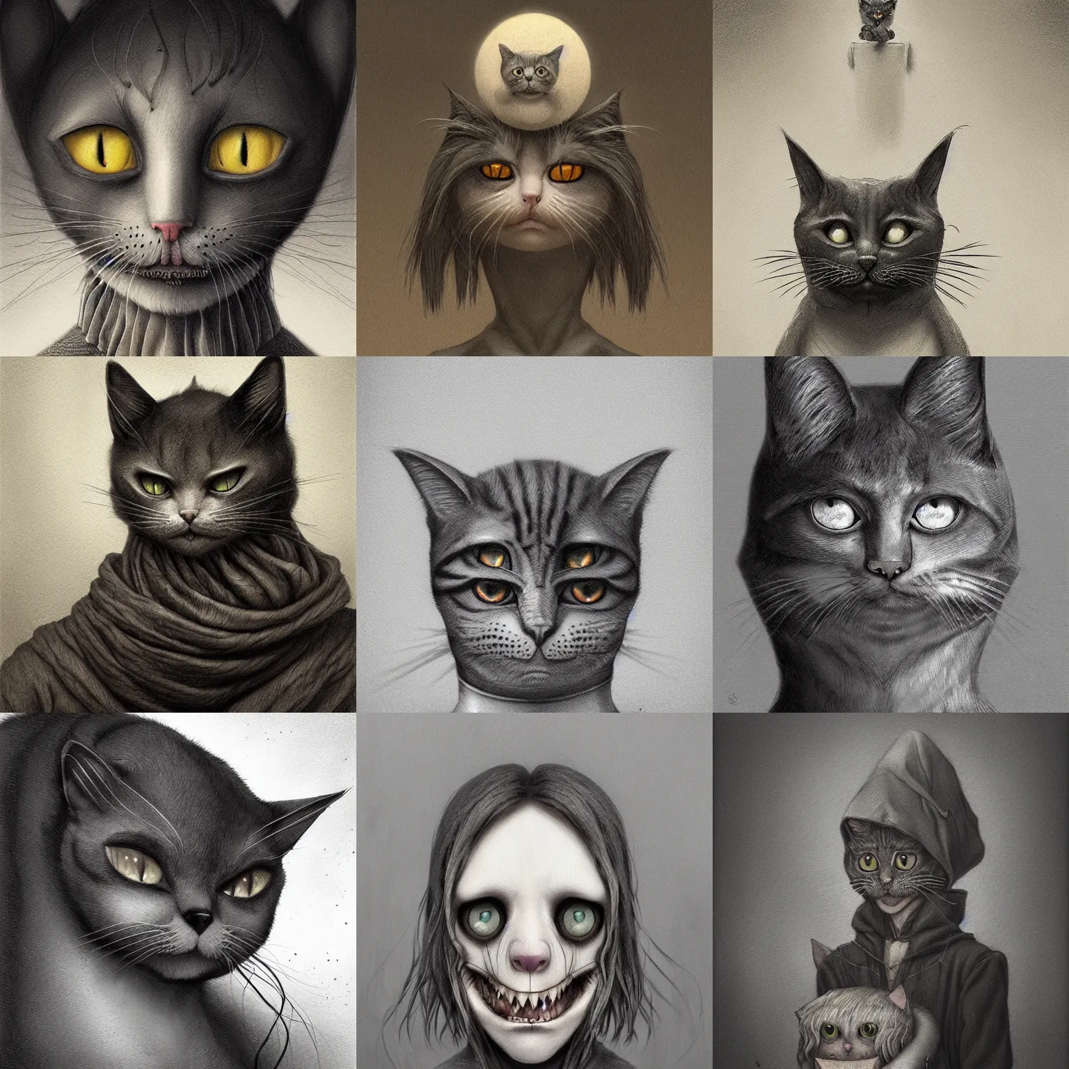 Prompt: a portrait of a creepy cat in the style of John Kenn Mortensen, realistic painting, high definition, digital art, matte painting, very detailed, realistic