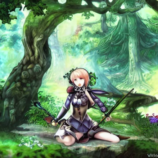 Prompt: a female knight resting in a glade, vanillaware artwork