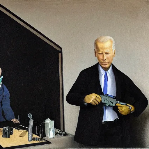 Prompt: joe biden robbing a bank, with a gun in his hand pointing it at a bank worker, with a money bag on his back, wearing all black suit, and wearing black sunglasses, painting by vermeer