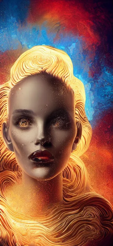 Image similar to epicillustration, abstract sculpture of beautiful female face and black swirling liquifying acrylic portrait, fluffy clouds, golden hour, beautiful light, 3 d sculpture of carving marble, dark colors, dark mood, one point lightning, golden spirals, epic matte painting, concept art, digital painting