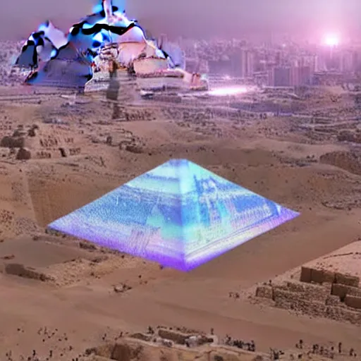 Image similar to a hologram of Kanye West projected on top of the Great Pyramids of Giza at night.