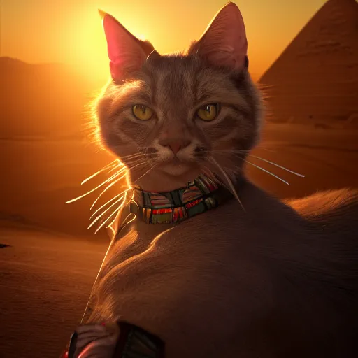 Image similar to egyptian cat, golden hour, fantasy, sharp focus, digital art, hyper realistic, 4 k, unreal engine, highly detailed, hd, dramatic lighting by brom, trending on artstation