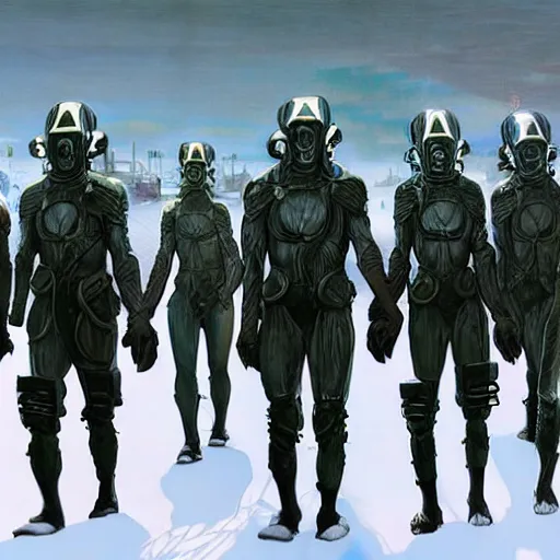 Image similar to portrait of futuristic soldiers squad on the art deco streets of the undying empire city of ya - sattra during the festival of masks, snow, winter, award - winning realistic sci - fi concept art by beksinski, bruegel, greg rutkowski, alphonse mucha, and yoshitaka amano