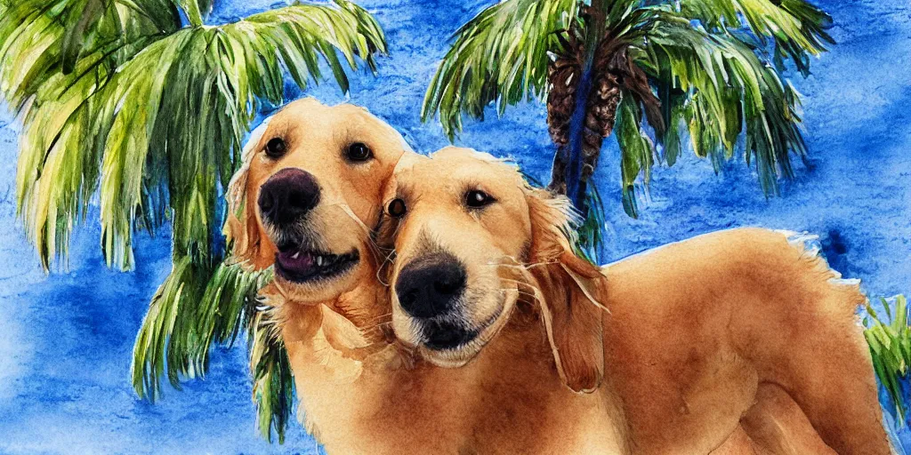 Image similar to photoreal golden retriever dog standing in tel aviv street looking at the camera. palm trees. optimistic. digital art. watercolor. highly detailed. drawing. art. colorful. fluffy