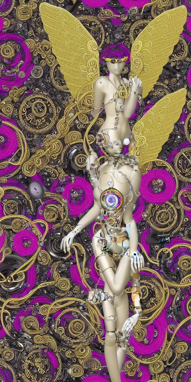 Prompt: seamless pattern of beautiful cybernetic robotic angel with colorful flowers bvlgari jewelry and cables arranged in a baroque damask pattern, subsurface scattering, rainbow liquids, inside organic robotic tubes and parts, black background, symmetrical composition + intricate details, hyperrealism, wet, reflections + by alfonse mucha, no blur