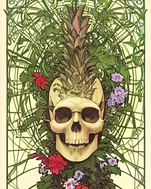 Image similar to Poster of an ancient silve skull with pineapple leaves growing out of the top art surrounded by varities of vines and flowers, cell shading, by Alphonse Mucha, Moebius, hiroshi yoshida, Art Nouveau, colorful, ultradetailed, vivid colour, 3d