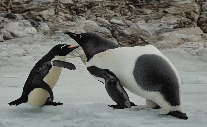 Image similar to A penguin, riding a polar bear, in an epic medieval battle