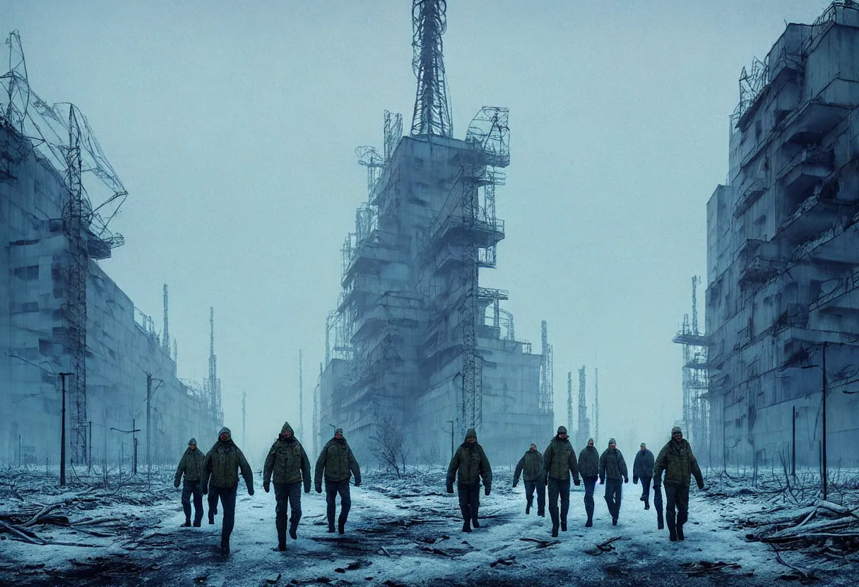 Image similar to chernobyl liquidators walking in postapocalyptic winter cityscape, 4 k, high quality, sharp focus, ultra high definition, ultra detailed, symmetry, fog, matte painting, by greg rutkowski and ross tran and wlop