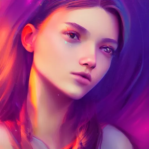 Prompt: A Stunning portrait of teen girl, art by Ross tran, vivid color palette, digital painting, 3D, octane render, post process in Photoshop, highly detailed, particles, light effect