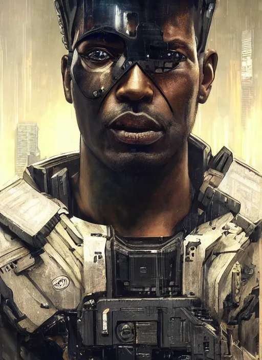 Image similar to dark skinned cyberpunk military man ( blade runner 2 0 4 9, dystopian, cyberpunk 2 0 7 7 character design ), advanced warfare, attractive face. portrait by james gurney and laurie greasley and yoji shinkawa, oil on canvas. cinematic composition, hyper realism, realistic proportions, anatomy, dramatic lighting, photorealistic, high detail, 4 k