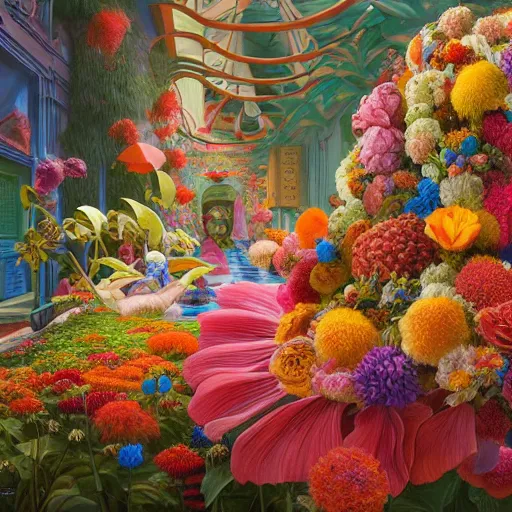 Image similar to hyper detailed illustration like a Oil painting - a vivid exotic flower bouquet, long petals, huge blossoms, by Jacek Yerka, Mariusz Lewandowski, Masterpiece, Edward Hopper and James Gilleard, Zdzislaw Beksinski, Mark Ryden, Wolfgang Lettl, hints of Yayoi Kasuma, octane render, 8k