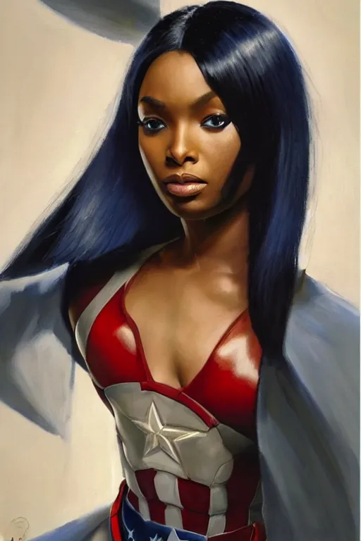Prompt: very beautiful oil painting of normani captain america as aeon flux by peter chung + loish + rembrandt + anne leibovitz + craig mullins + margaret keane, detailed,