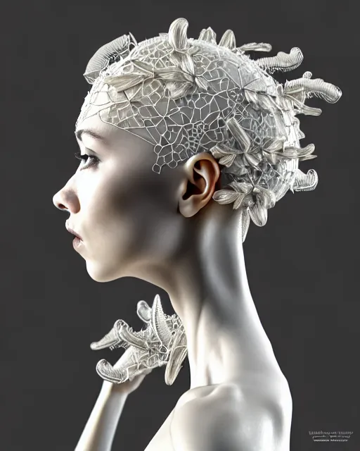 Image similar to bw 3 d render, stunning beautiful very young angelic cute biomechanical albino female cyborg with a porcelain profile face, rim light, big leaves and stems, roots, fine foliage lace, alexander mcqueen, art nouveau fashion embroidered collar, steampunk, silver filigree details, hexagonal mesh wire, mandelbrot fractal, elegant, artstation trending