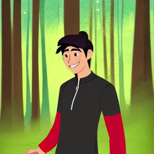 Image similar to tadashi from big hero 6 infront of a forest, profile picture, digital illustration