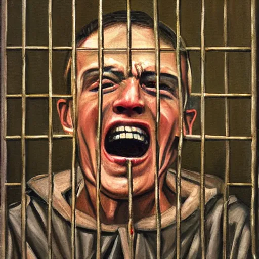 Image similar to a screaming prisoner holding prison bars, realism old painting, oil painting